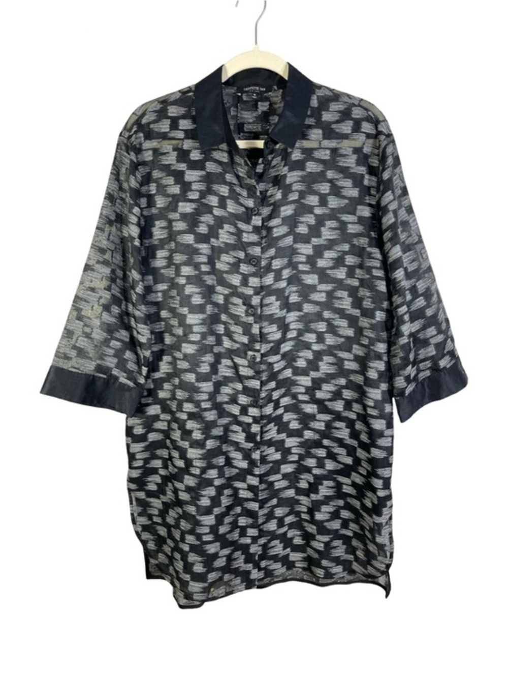 Lafayette 148 NY Tunic Button Up Blouse Bow Tie Belt Shirt Black Gray Sheer Sz M